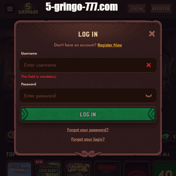 5Gringos Login Fenster – Benutzername und Passwort
