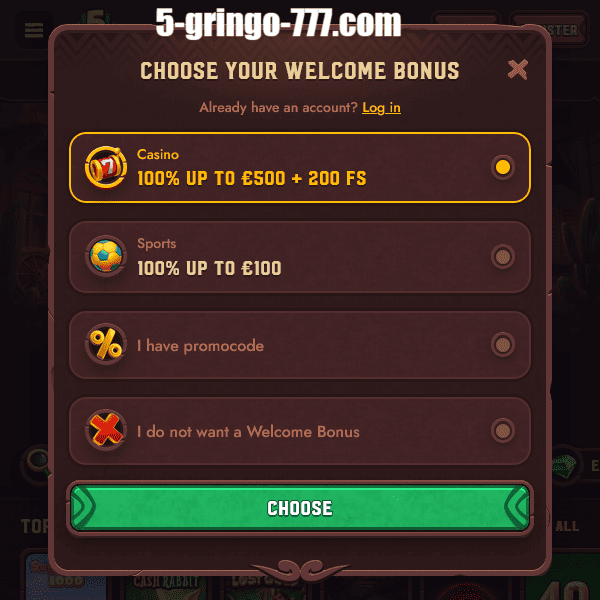 5Gringos Willkommensbonus Auswahl – Casino oder Sport